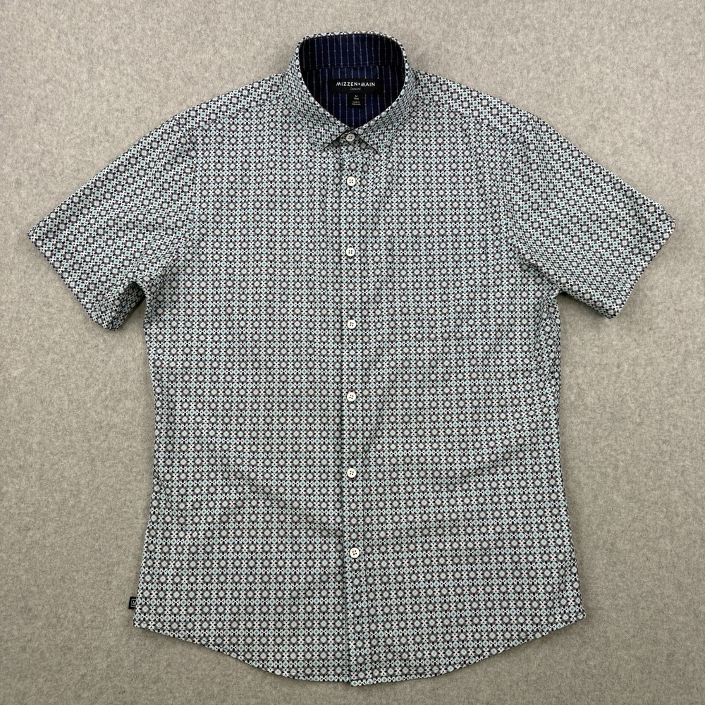Mizzen + Main Shirt Mens Blue Geometric‎ Leeward Trim Fit Stretch Short Sleeve